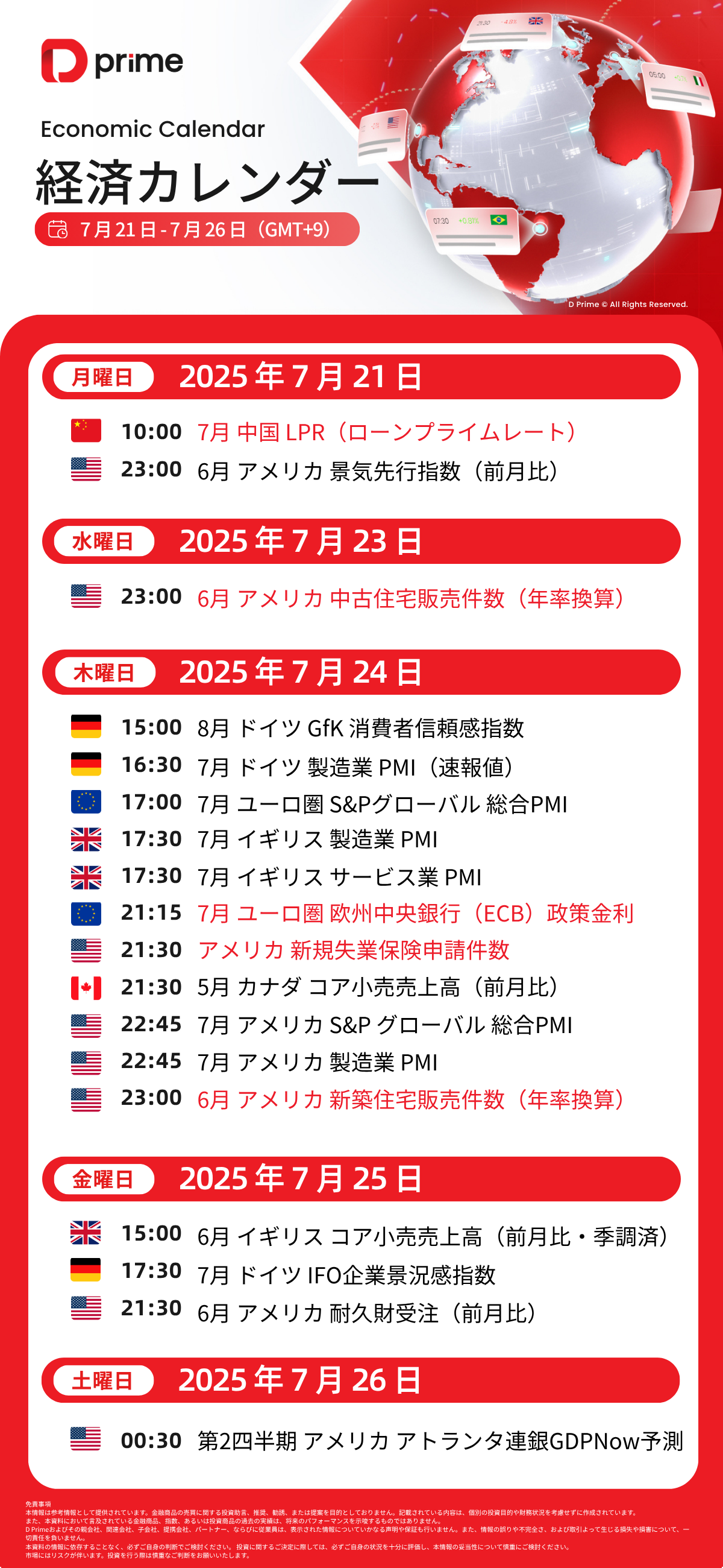 経済カレンダー | 7月21日 – 7月26日（GMT+9）